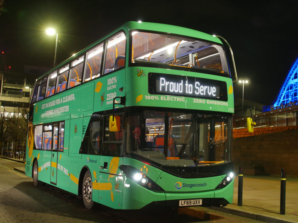 A double decker electric bus in Manchester