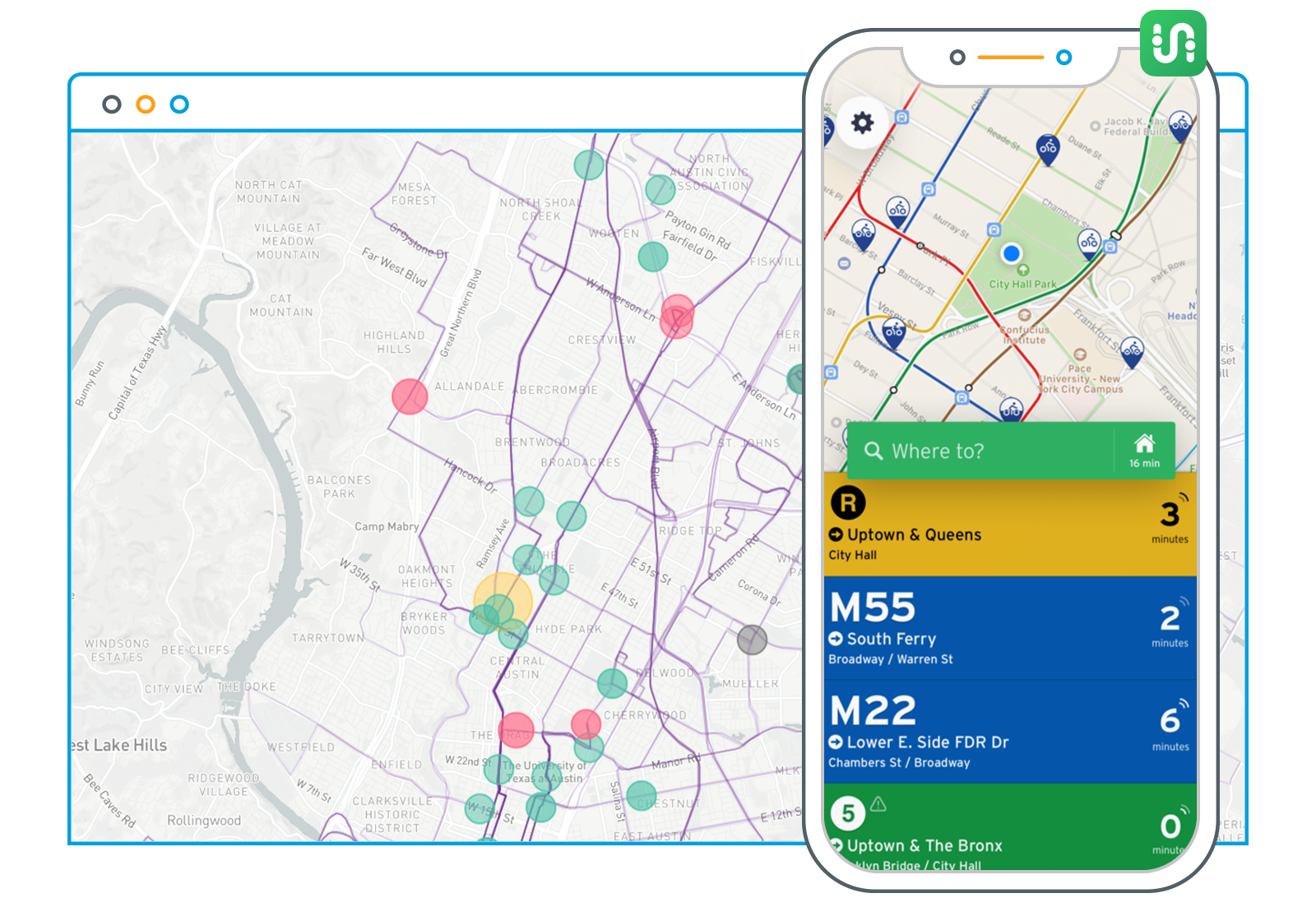 Real Time Passenger Predictions: Give passengers the very best in vehicle arrival predictions. Make your feed publicly available and give riders up-to-the-second updates in whatever app they use including Transit App, websites, signgage, or ADA-supportive media your passengers use. 