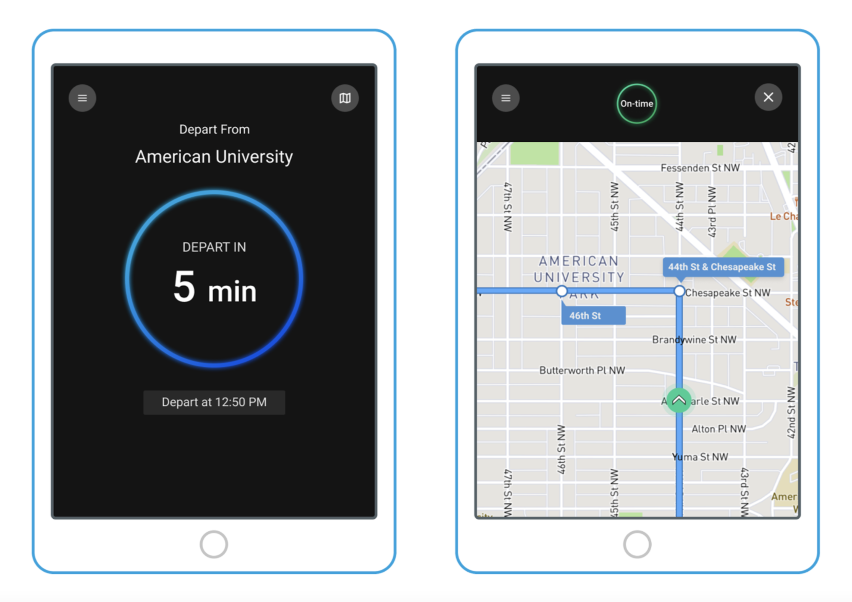 Swiftly’s onboard app enables you to share real-time performance directly with operators in an intuitive on-board display. View routes, timepoints, and real-time vehicle location. Provide real-time feedback to operators about performance to mitigate early departures and bunching. 