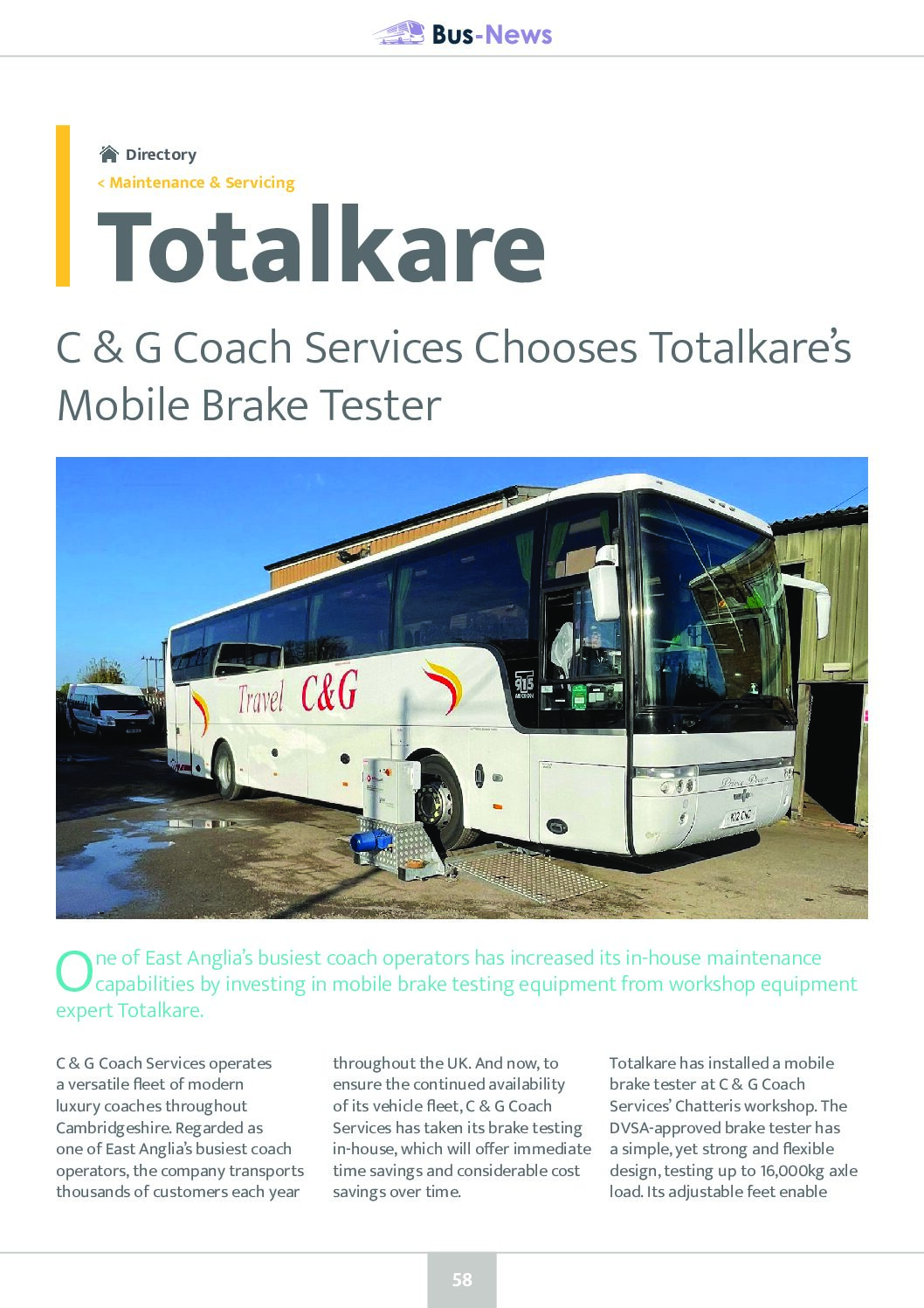 C & G Coach Services Chooses Totalkare’s Mobile Brake Tester