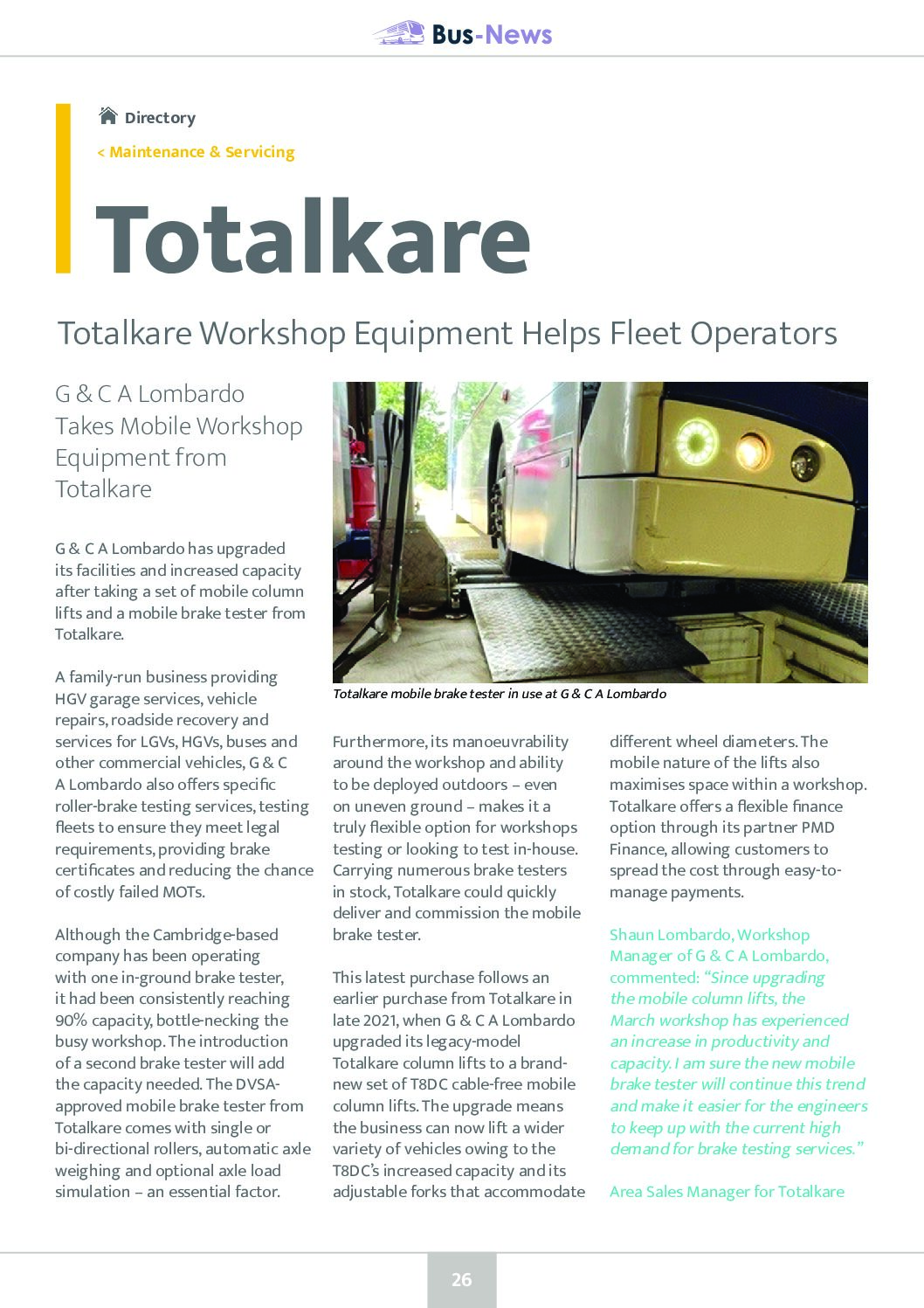 Totalkare Workshop Equipment Helps Fleet Operators