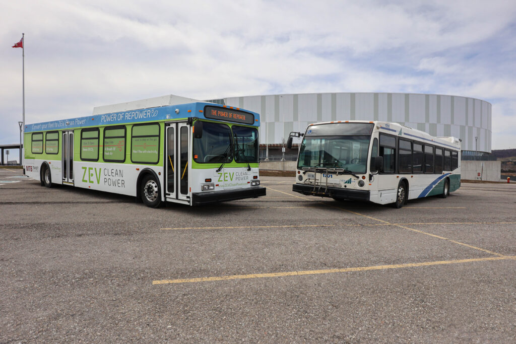 MTB ZEV Clean Power demonstration bus (left) and Milton Transit bus 1701