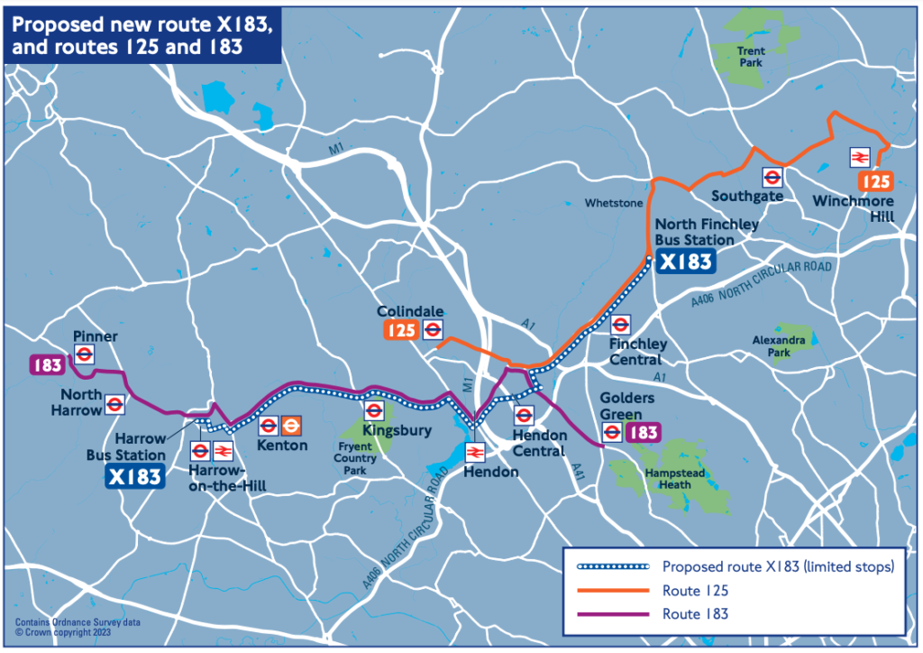 Proposed new route X183, and routes 125 and 183