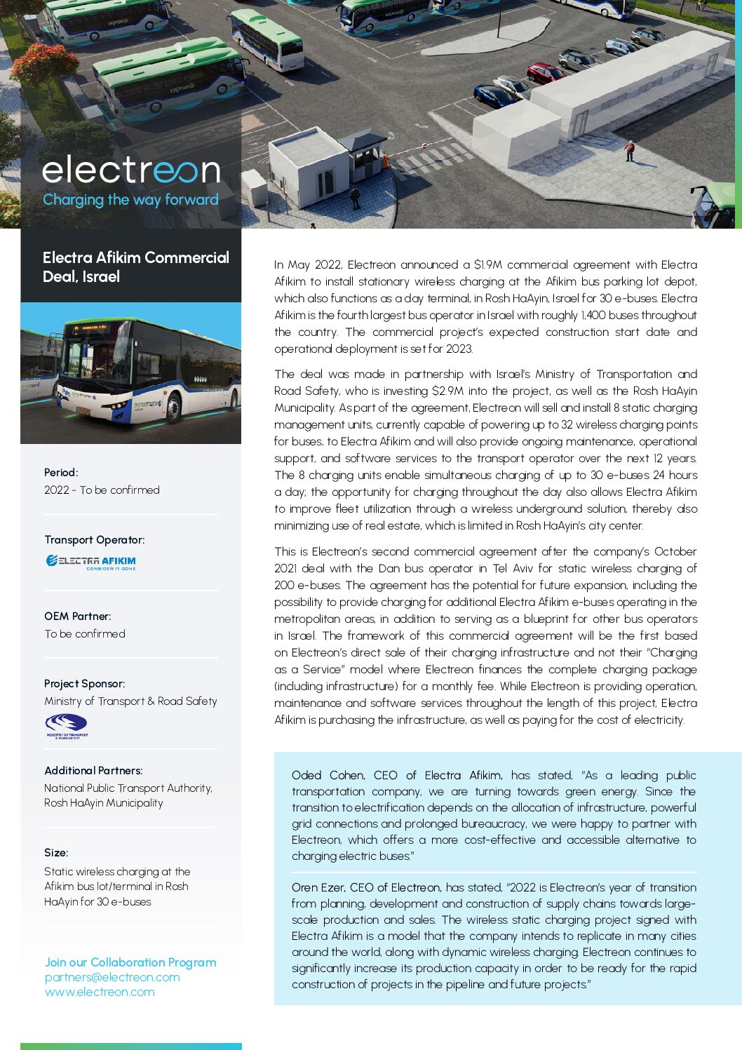 Electreon | Electra Afikim Commercial Deal, Israel