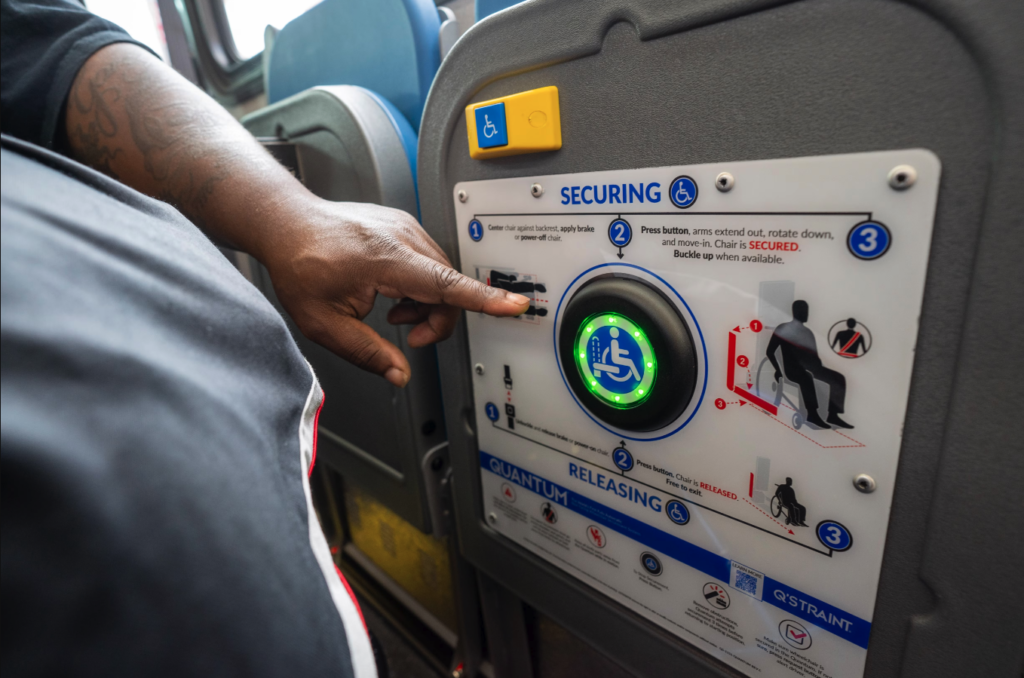 The system enables mobility device users to secure themselves without assistance from the bus operator