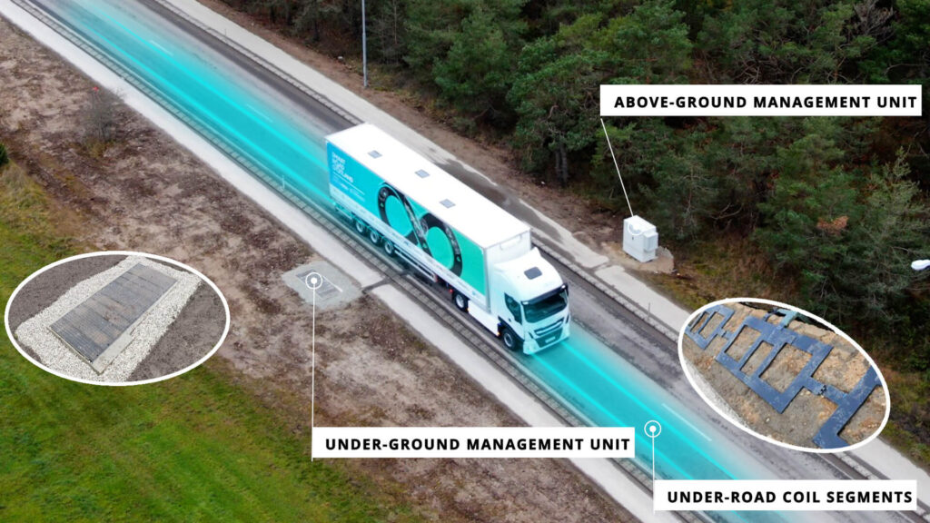 A truck travelling down an electric wireless charging road