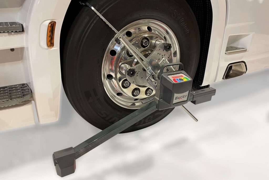 A wheel alignment machine on a tyre