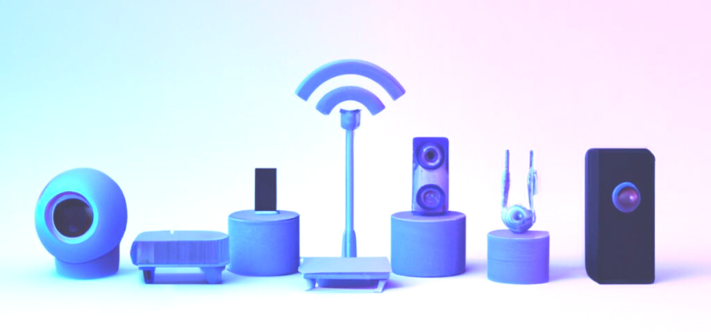 A 3D rendering of several different pieces of technology that require wireless connectivity