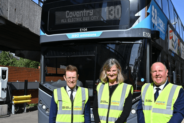 Andy Street, Alex Jensen and Cllr Jim O’Boyle celebrate 130 National Express Coventry zero emission buses operating in Coventry 