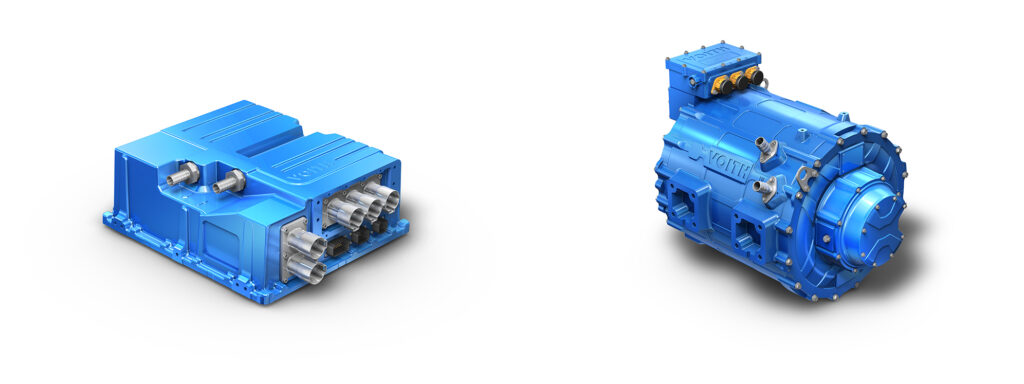 Two blue bus components - a future inverter platform and voith electrical drive system
