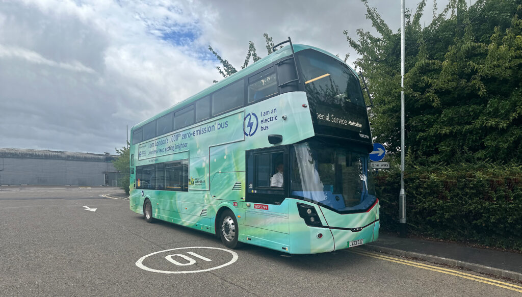 A light green double-decker zero-emissions bus