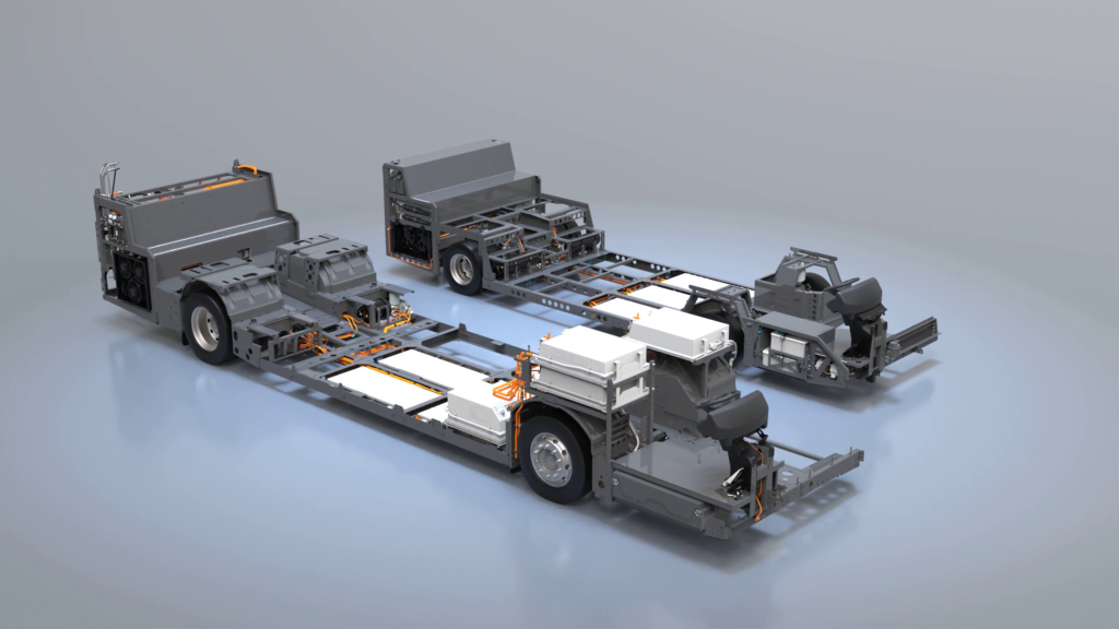 The battery packs are mounted within the chassis and rear of the vehicle as well as under the staircase of the Enviro400EV