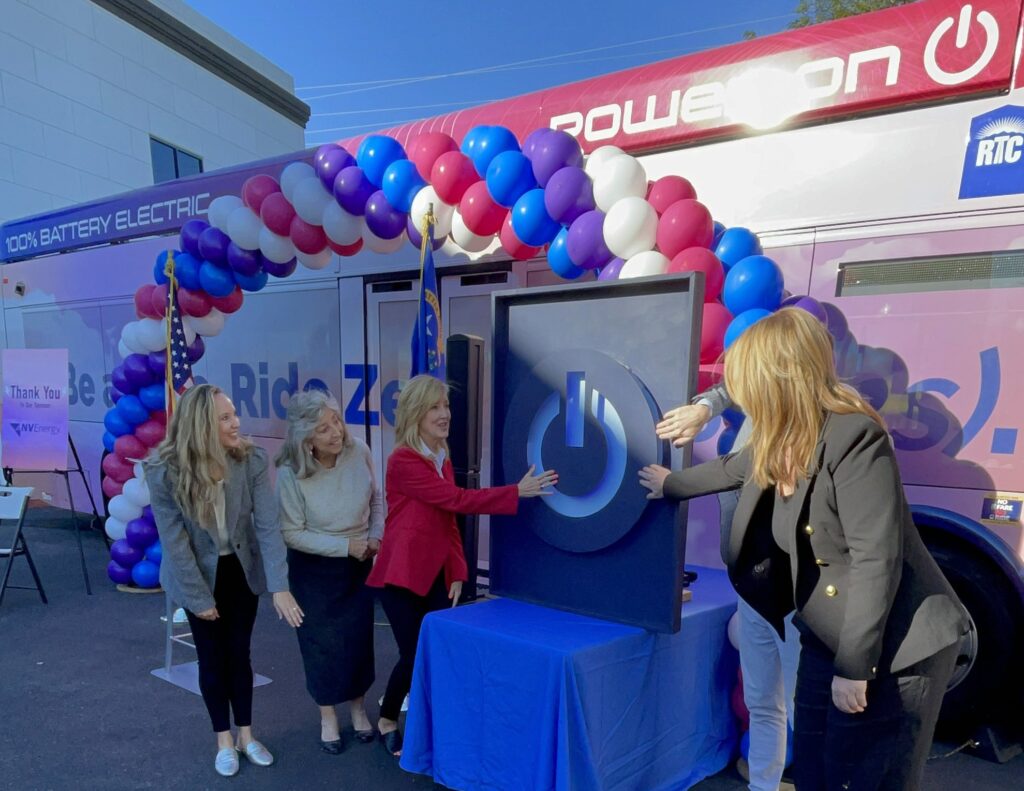 RTC marked the occasion with Representative Dina Titus, NV Energy and the Nevada Conservation League by pushing the “on” button to turn on one of four new battery electric buses