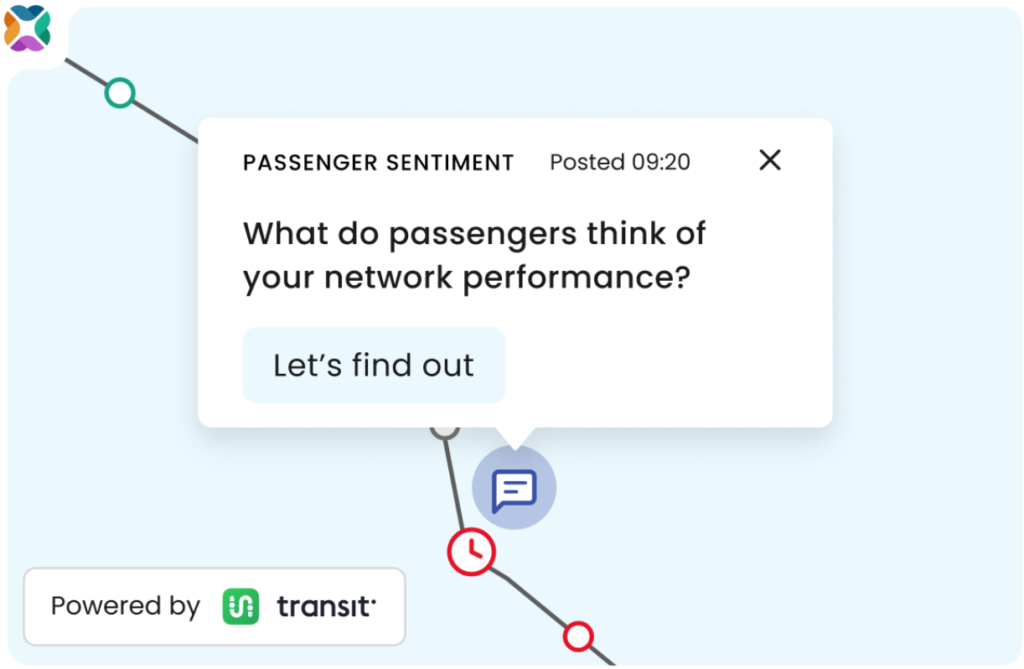 A pop up box on a bus map which reads "what do passengers think of your network performance?"