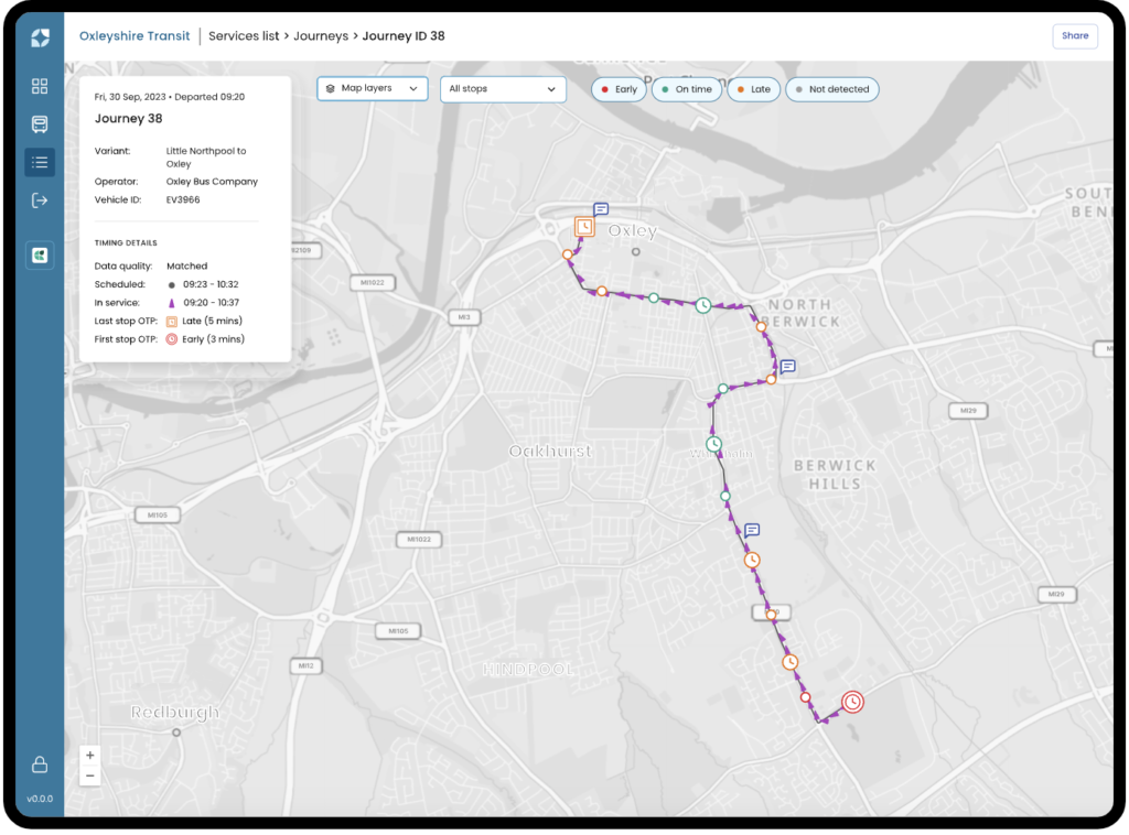 A map showing Bus 38's journey. There are status updates on the top left