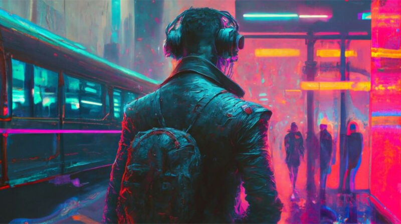 An oil painting style of picture in neon blue, pink and purple depicts a person with headphones and a backpack walking down a street. There is a tram driving past them on the left and people gathered talking on the right