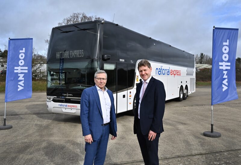 Erik Olijslagers from Van Hool and Ed Rickard from National Express with the first of 25 new TDX21 Altano vehicles