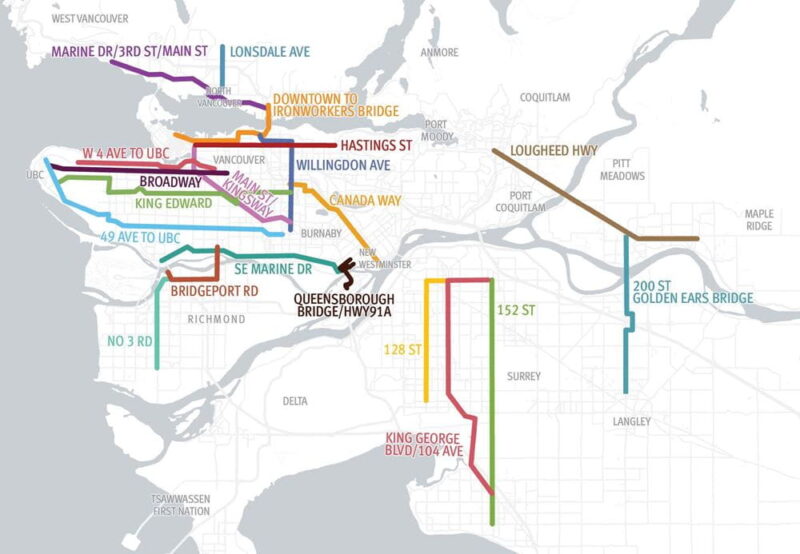 TransLink has identified 20 corridors in Metro Vancouver that need increased bus priority investments
