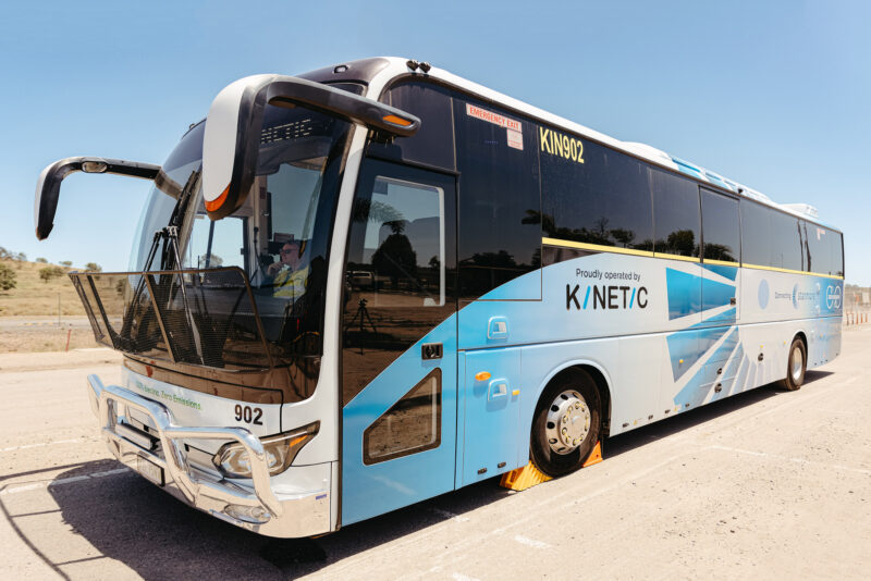 The new electric bus operated by Kinetic, transporting mine Stanmore Resources mine workers in the Bowen Basin