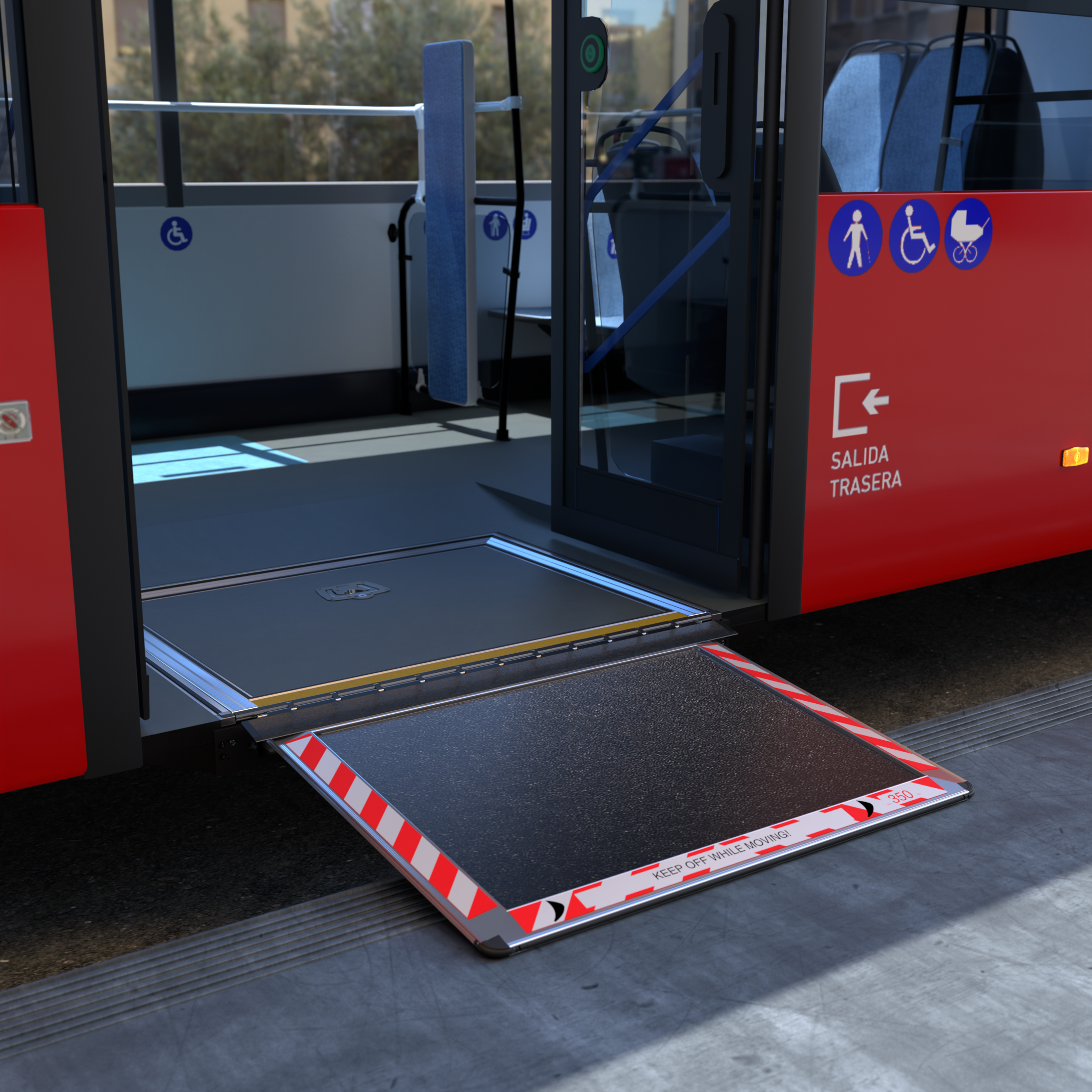 An accessibility ramp attached to the open door of a red bus