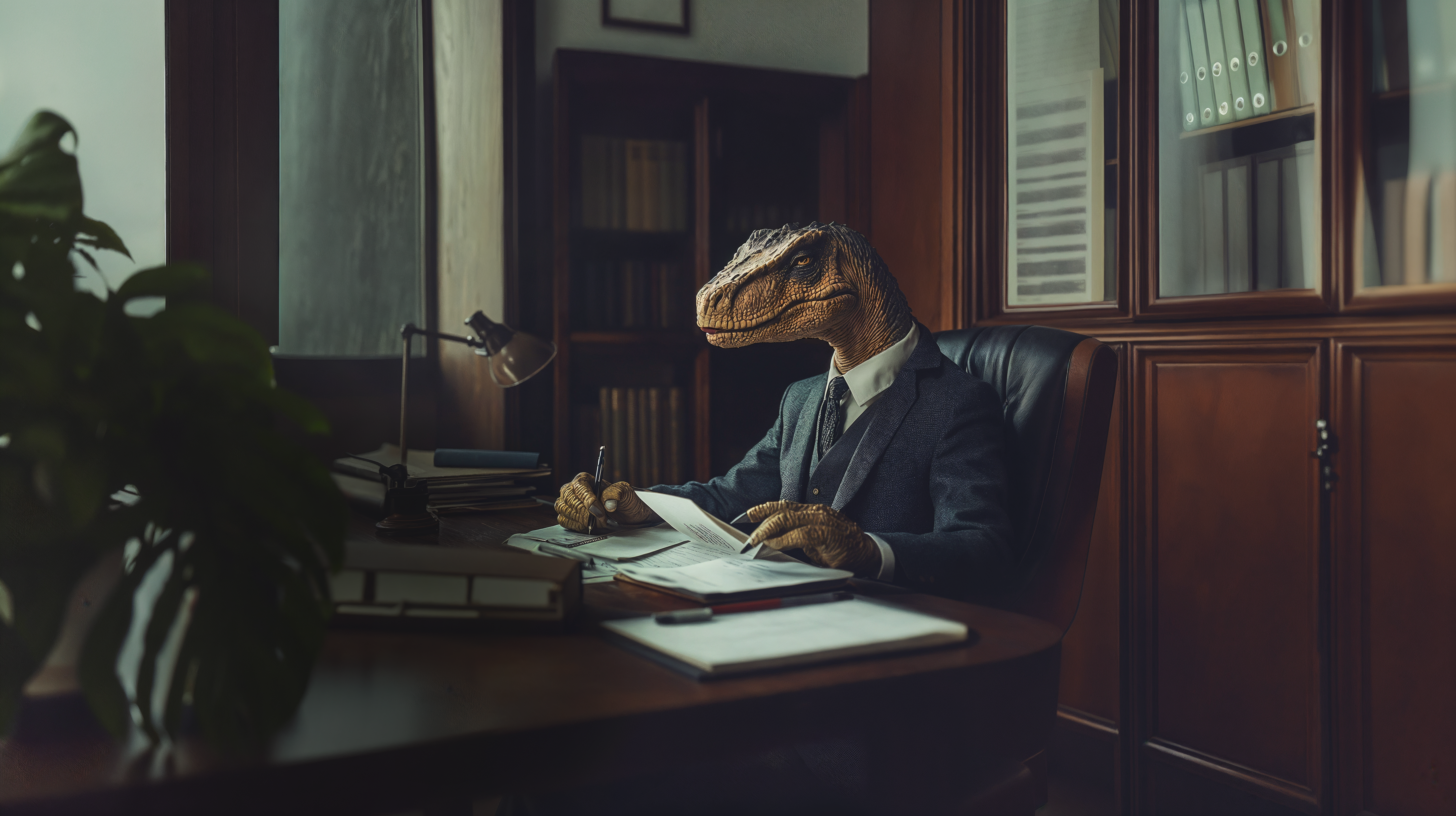 CGI dinosaur wearing a suit sat a desk