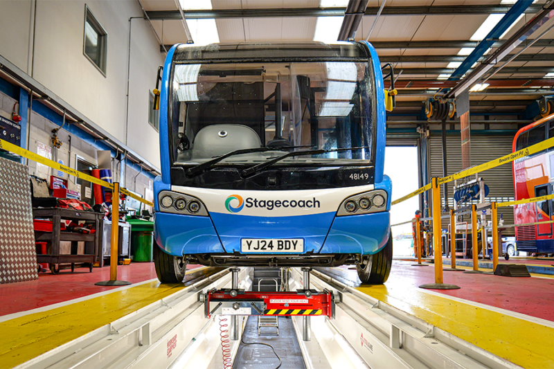 Stagecoach bus at a station for service