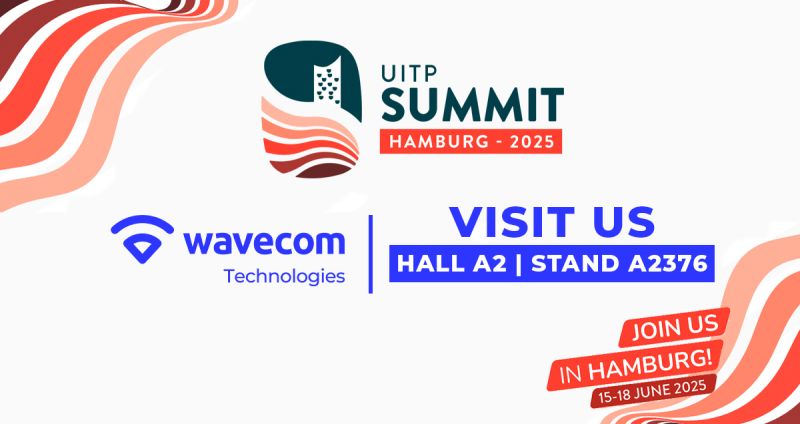 A white banner announces "UITP SUMMIT HAMBURG - 2025" with "VISIT US HALL A2 | STAND A2376" for Wavecom Technologies, along with the dates "15-18 JUNE 2025".