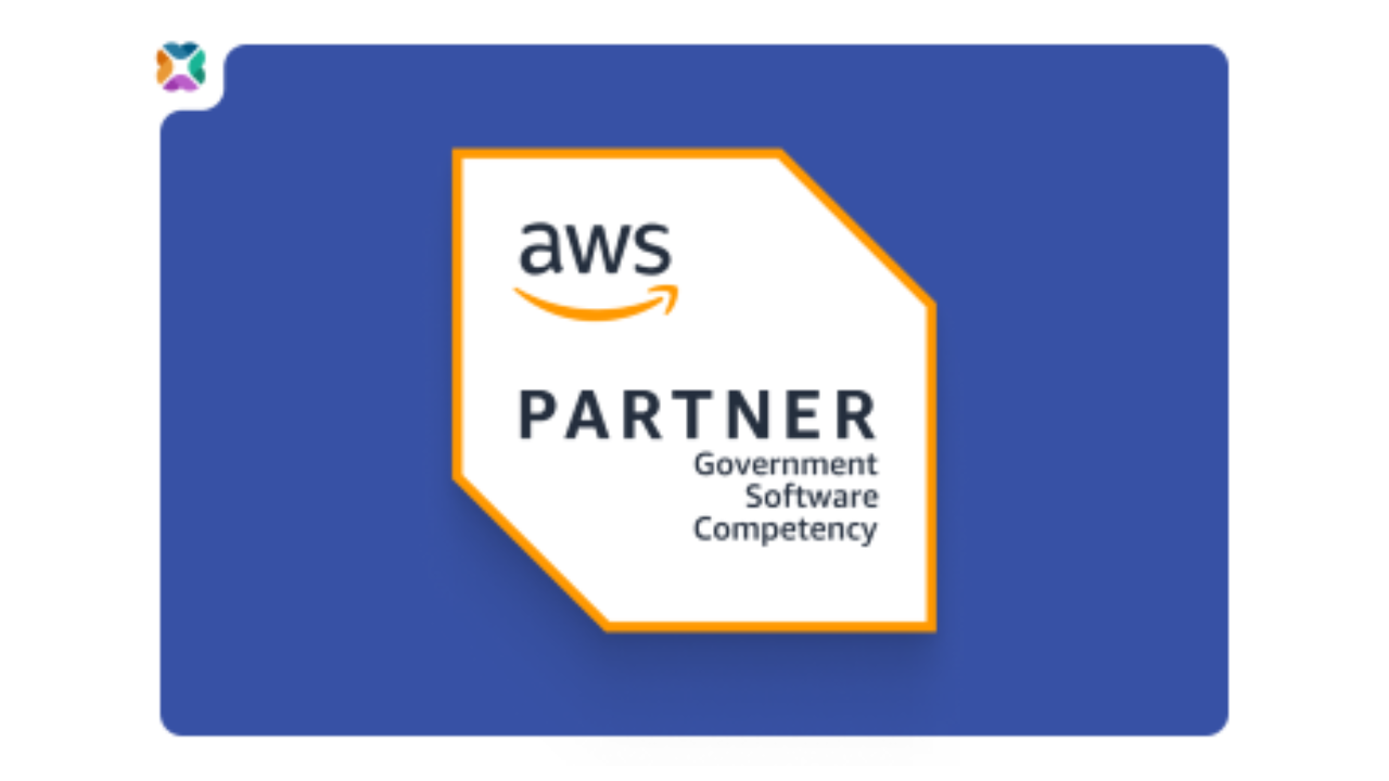A digital badge on a blue background features "aws" in orange text above "PARTNER" in black, with "Government Software Competency" written below, all outlined in orange.