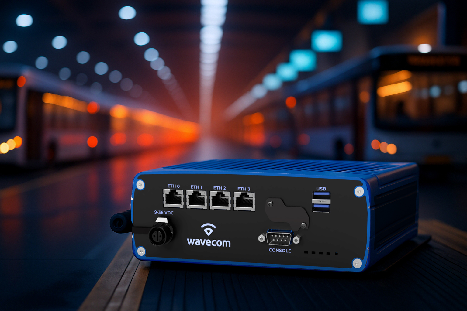 A black and blue Wavecom IoT Gateway device with multiple ports is positioned on a surface, with blurred buses or trains and glowing lights in a tunnel-like setting in the background.