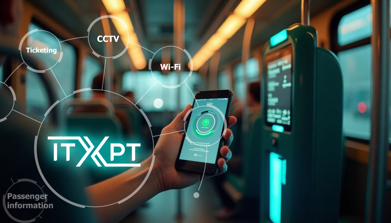 A diagram in a bus illustrates the ITxPT standard connecting various systems like ticketing, CCTV, Wi-Fi, and passenger information, with a hand holding a smartphone at the center.