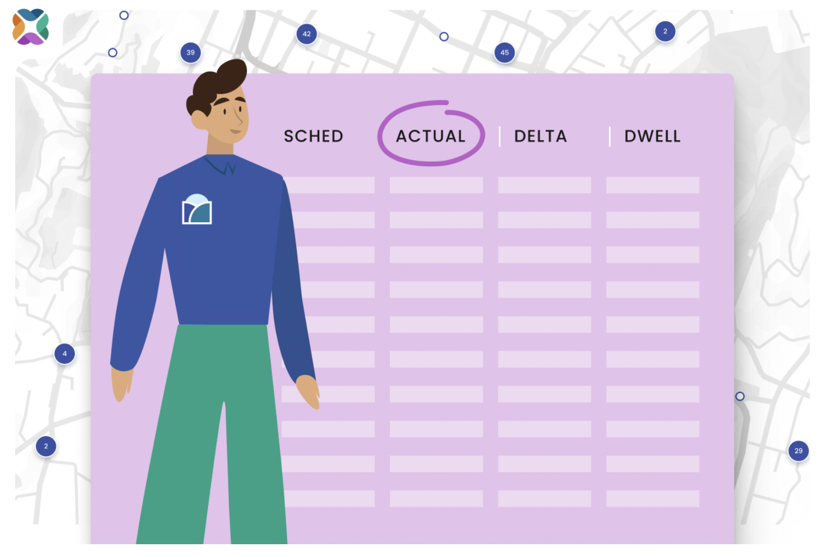 Graphic of a cartoon man standing in front of a pink schedule/timetable