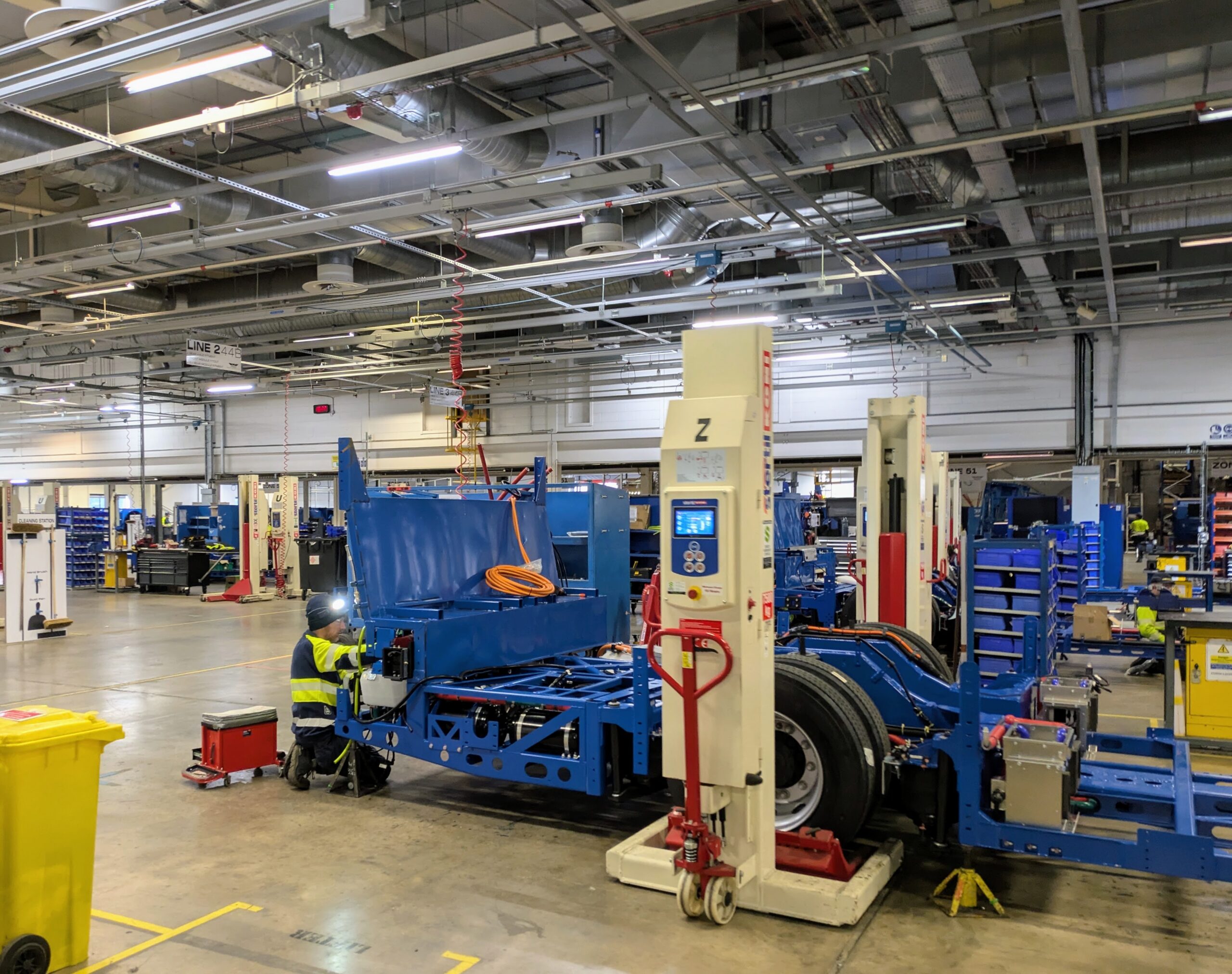 Work on a chassis for a double-decker electric bus