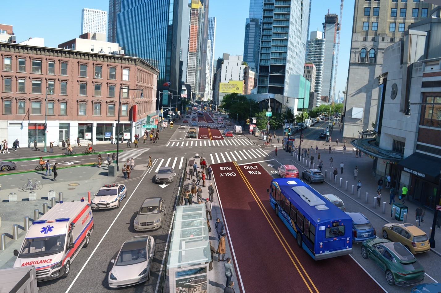 Rendering of a redesigned Flatbush Avenue and Fourth Avenue, in Brooklyn, with centre-running bus lanes and a concrete bus boarding island