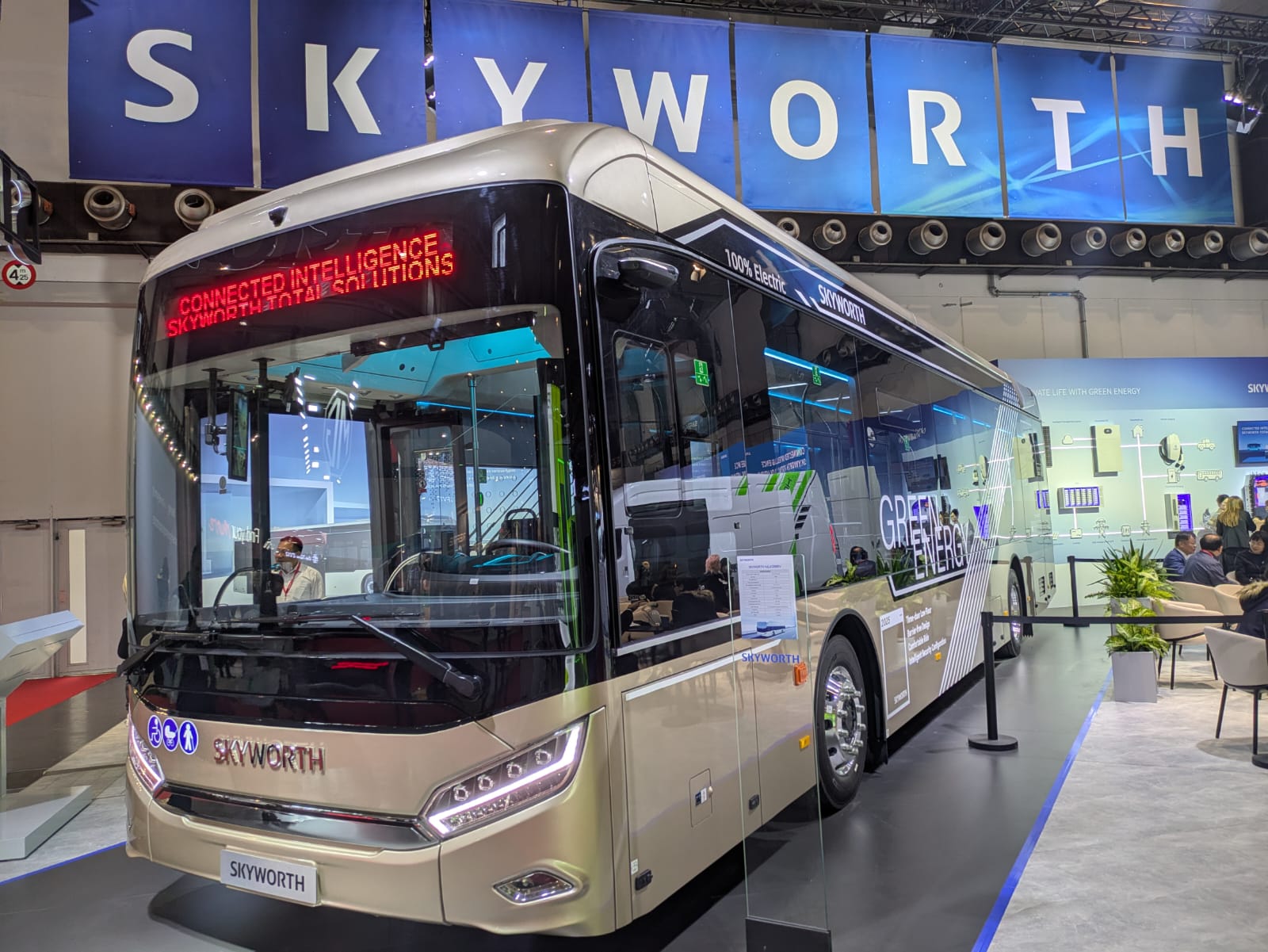 Skyworth's NJL6128BEV pure electric 12m city bus on display at Busworld 