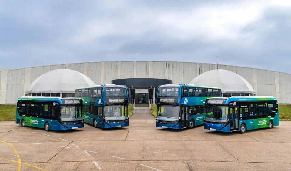 A line-up of Alexander Dennis buses