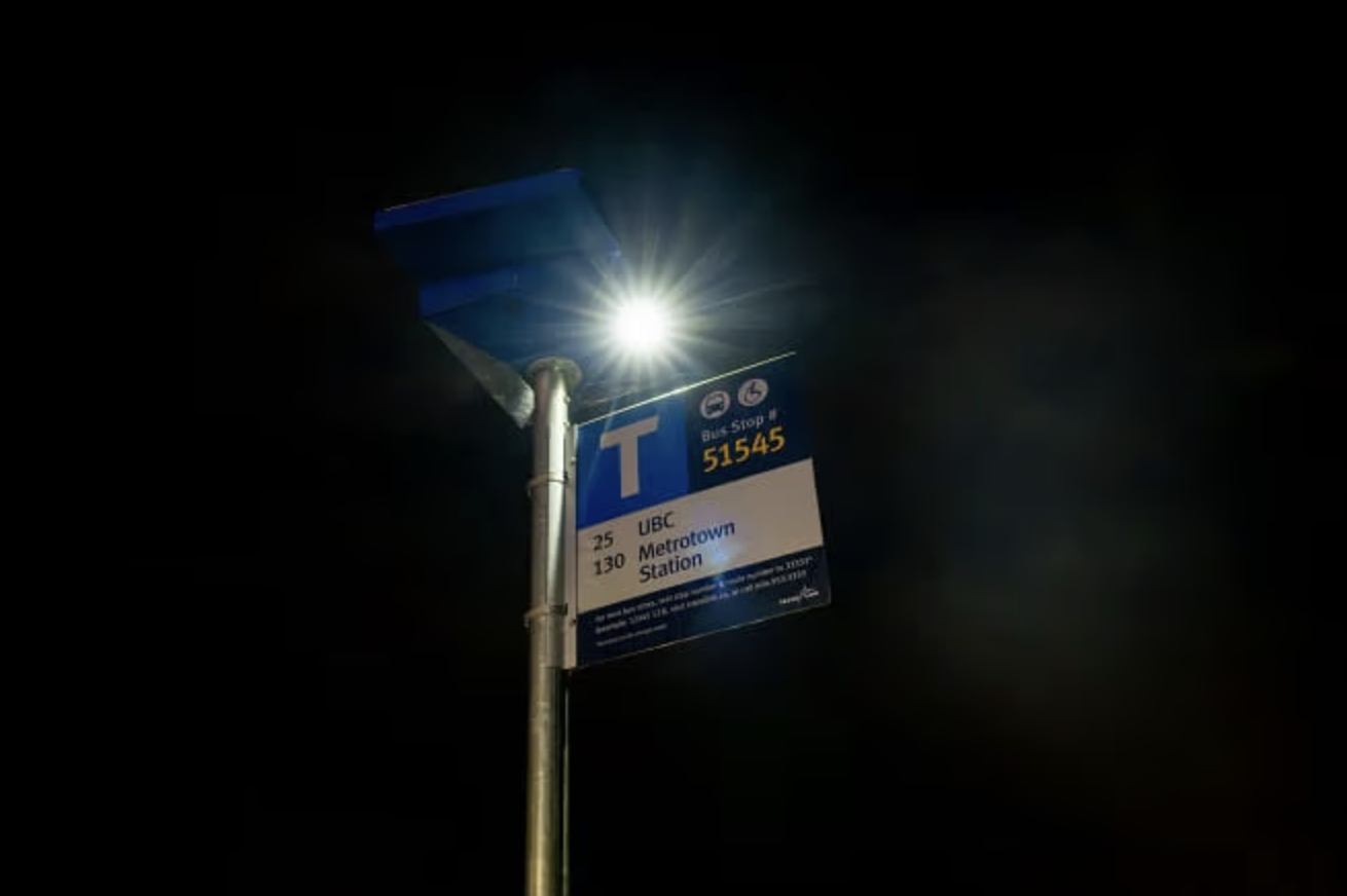 A solar-powered bus stop light