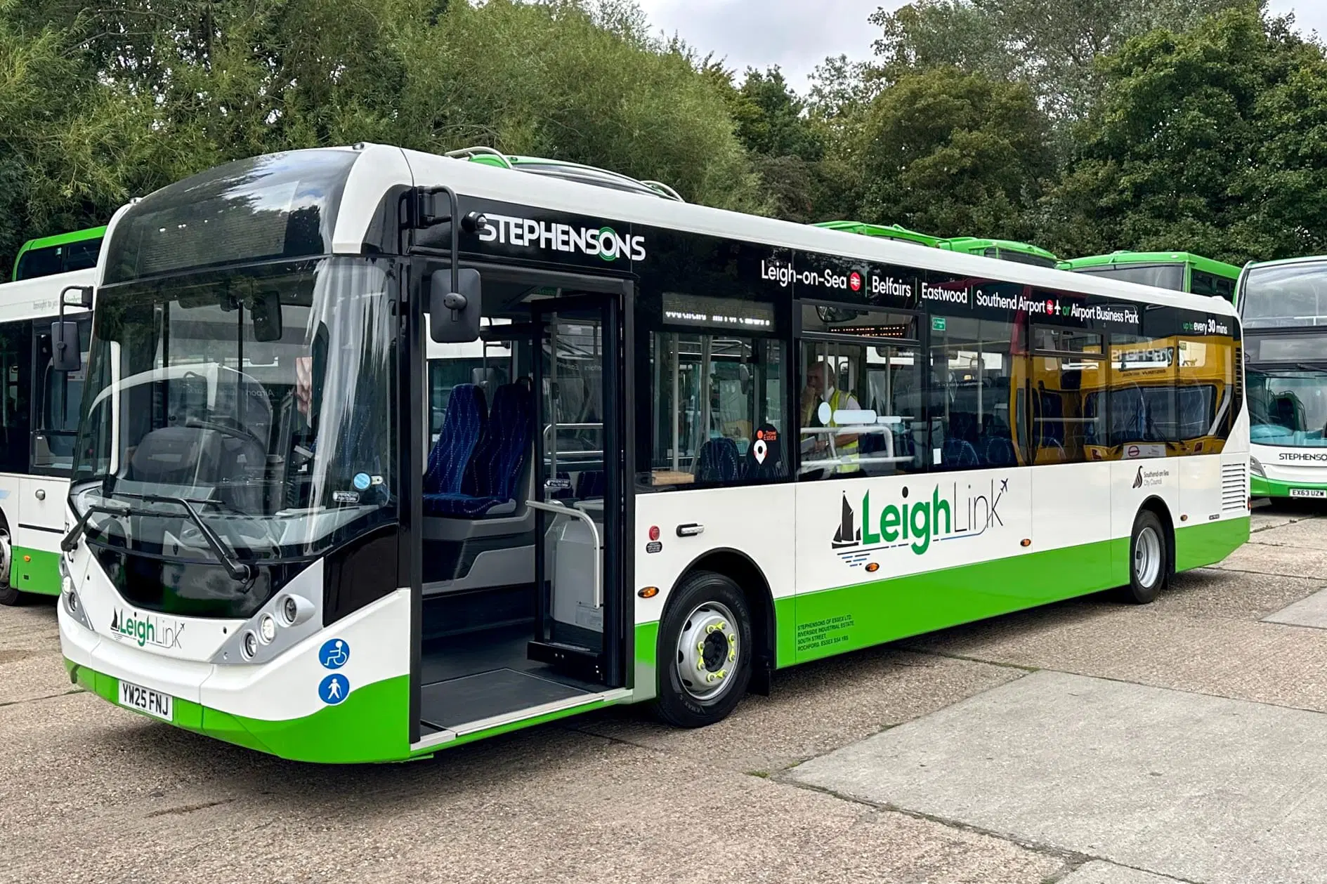A green and white bus
