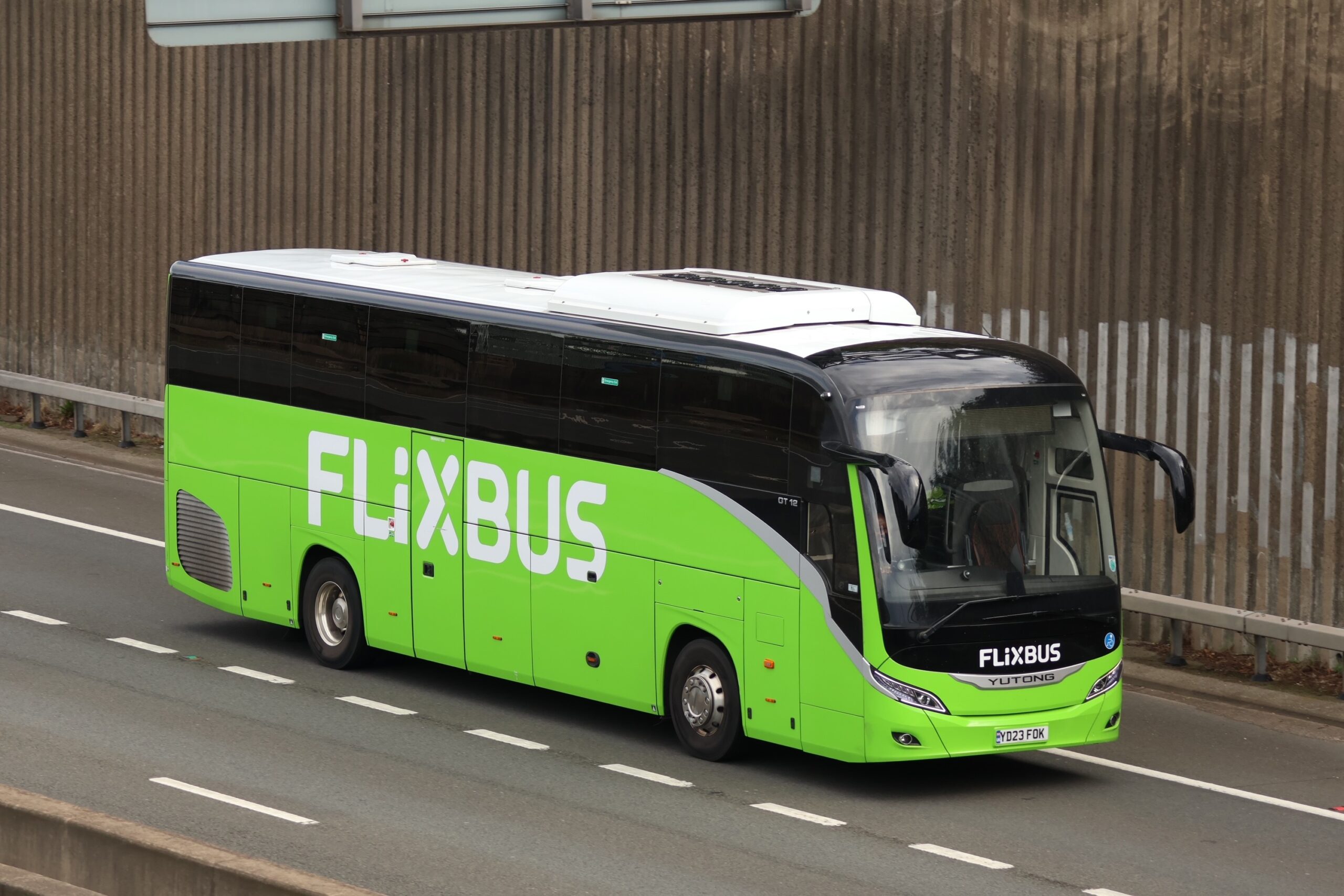 A FlixBus travelling on a road