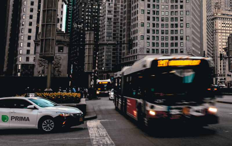 Bus moving in a city