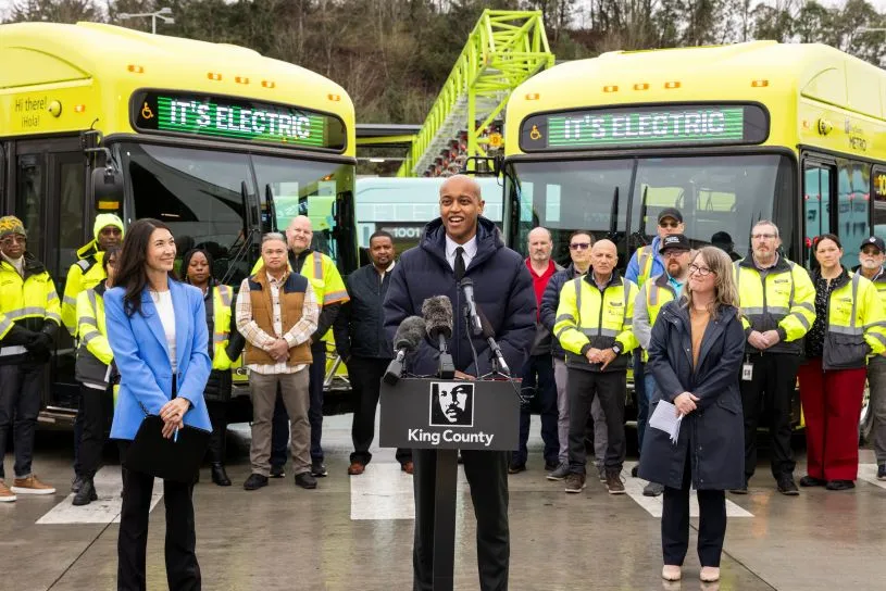 King County Executive Girmay Zahilay joined King County Metro to launch the new fleet of battery-electric buses