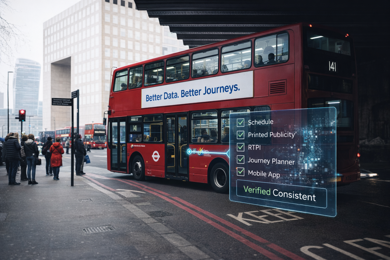 Bus with passenger information graphic overlay