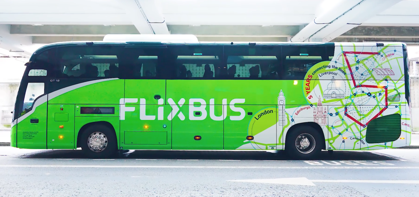 The design aims to celebrate five years of FlixBus's operation across the UK