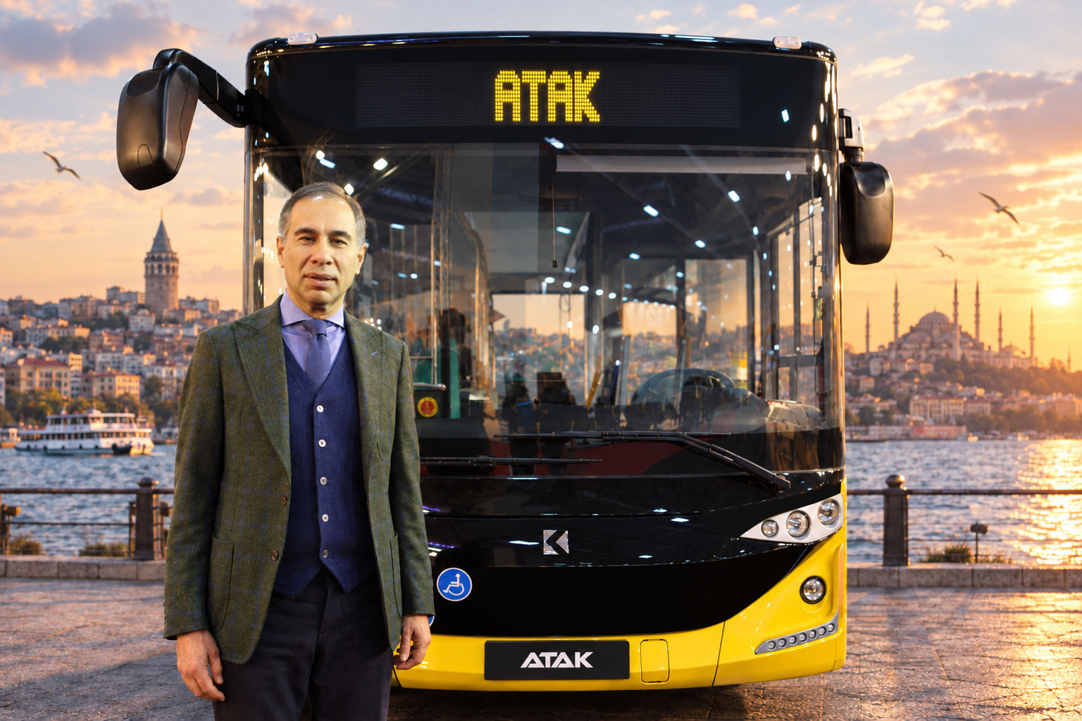 Muzaffer Arpacıoğlu stands beside a Karsan ATAK bus with the Istanbul skyline behind