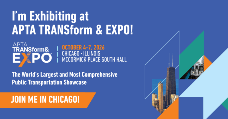 APTA TRANSform & EXPO 2026 banner, October 4-7 in Chicago, Illinois, promoting BatOnRoute's exhibit at McCormick Place South Hall