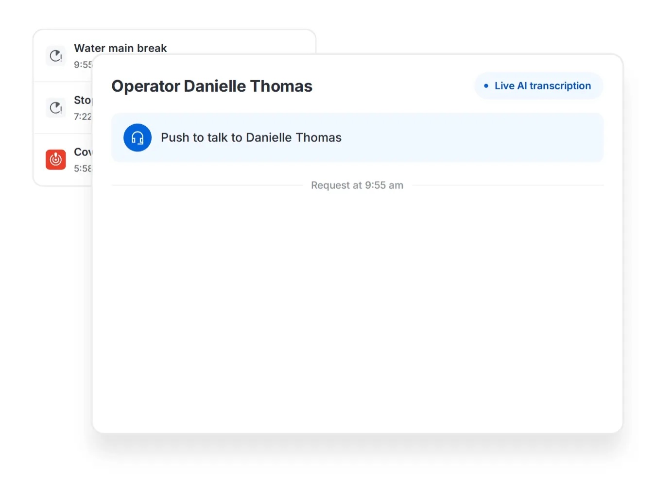 Swiftly Communications dispatch screen showing an operator push-to-talk request with live AI transcription