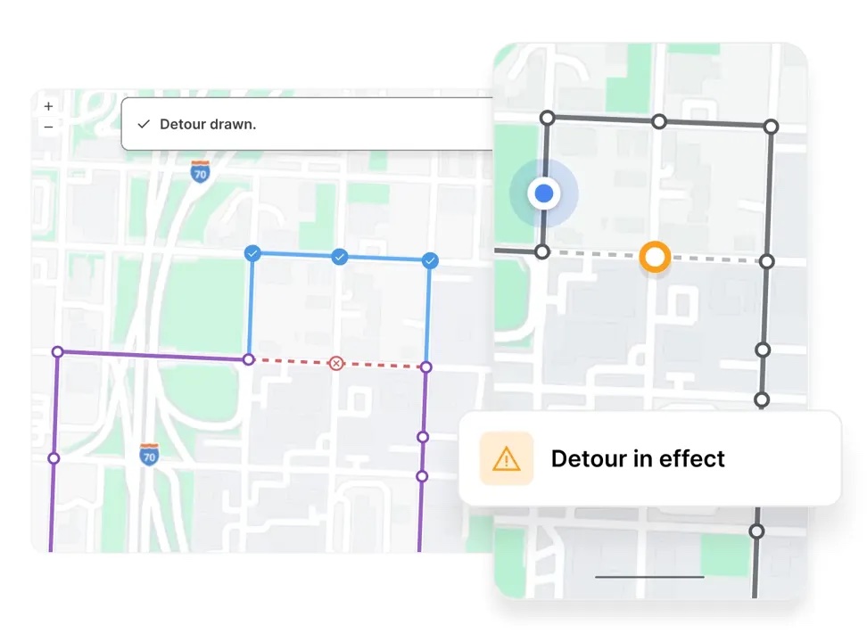 Swiftly detour drawn on a dispatcher map and shown as a detour in effect on the operator screen