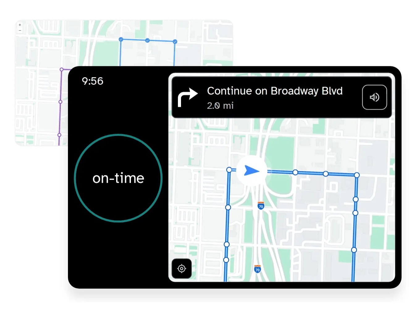 Swiftly onboard operator app showing turn-by-turn navigation and on-time status