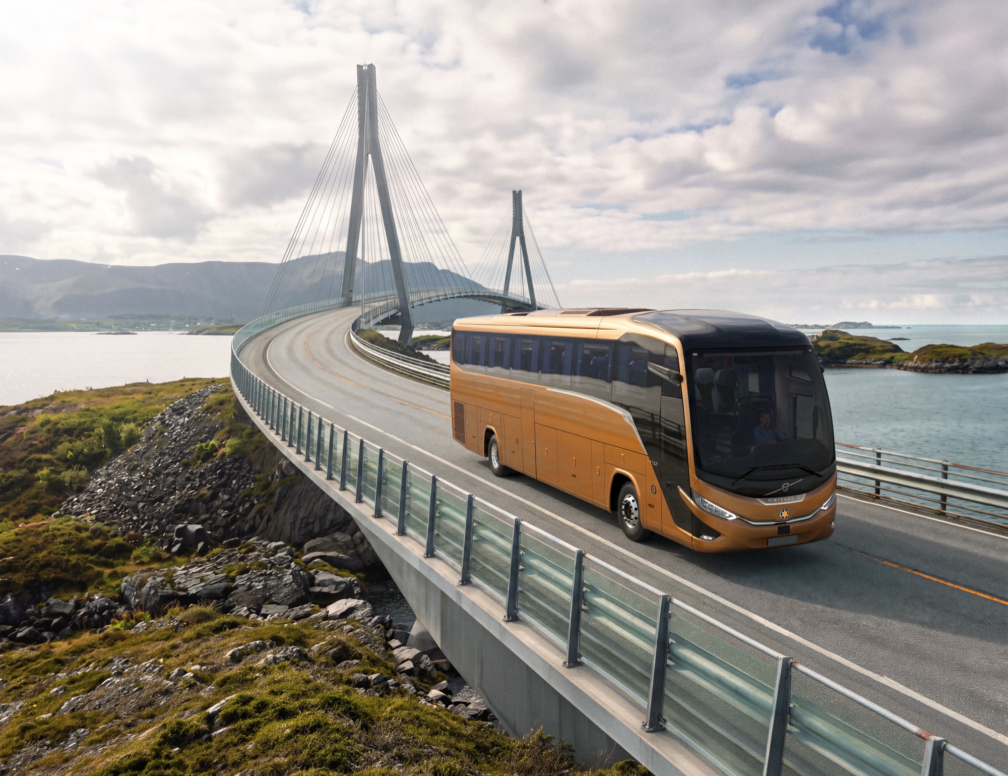 Volvo B13R Marcopolo Paradiso G8 coach driving across a cable-stayed bridge beside the sea