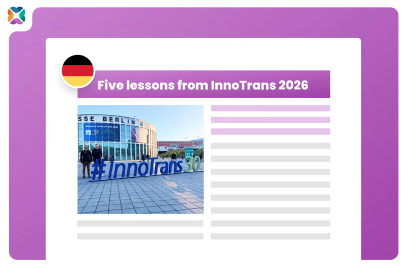 Illustrated graphic of an article page titled "Five lessons from InnoTrans 2026" with a German flag icon, on a purple background with the Mosaiq logo. The article includes a photo of two people standing beside a large blue "#InnoTrans30" sign outside the Messe Berlin exhibition centre on a sunny day.