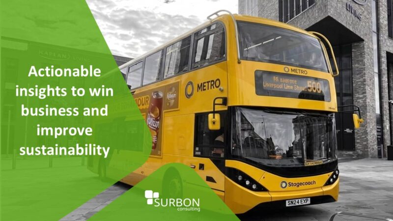 Yellow double-decker Metro bus on the 500 route to Liverpool Lime Street, with Surbon Consulting branding